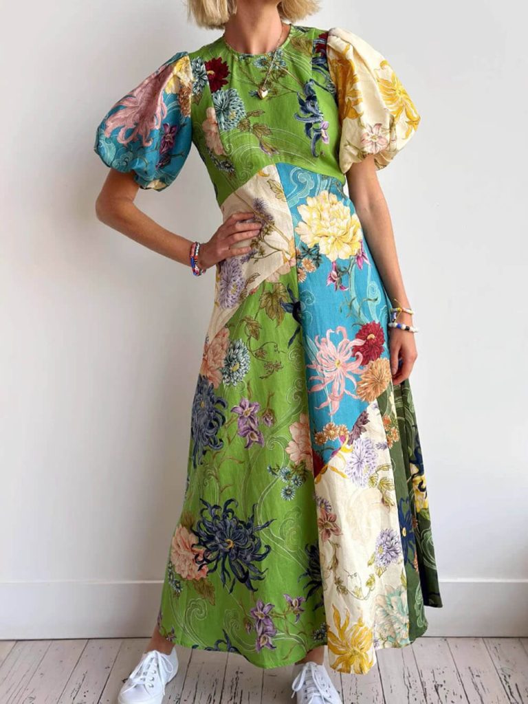 Printed Crew Neck Casual Maxi Dress