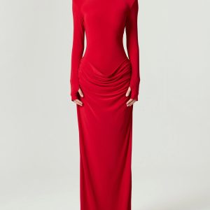 Ruched Long Sleeve Bodycon Elegant Maxi Dress