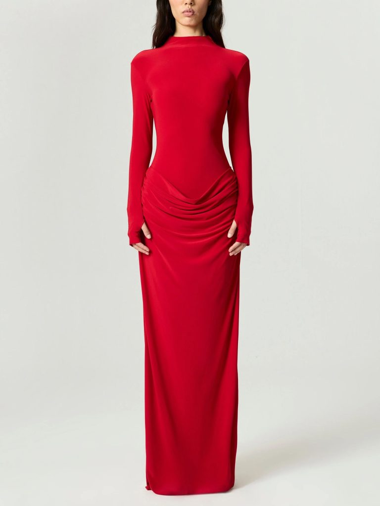 Ruched Long Sleeve Bodycon Elegant Maxi Dress