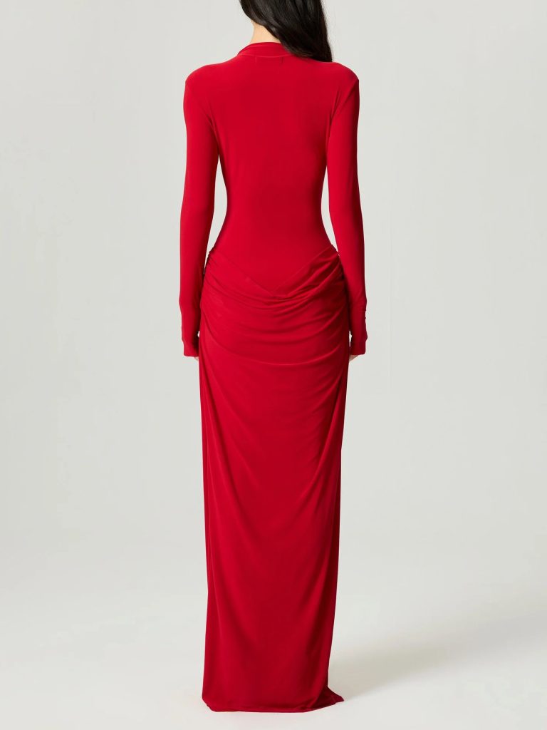 Ruched Long Sleeve Bodycon Elegant Maxi Dress