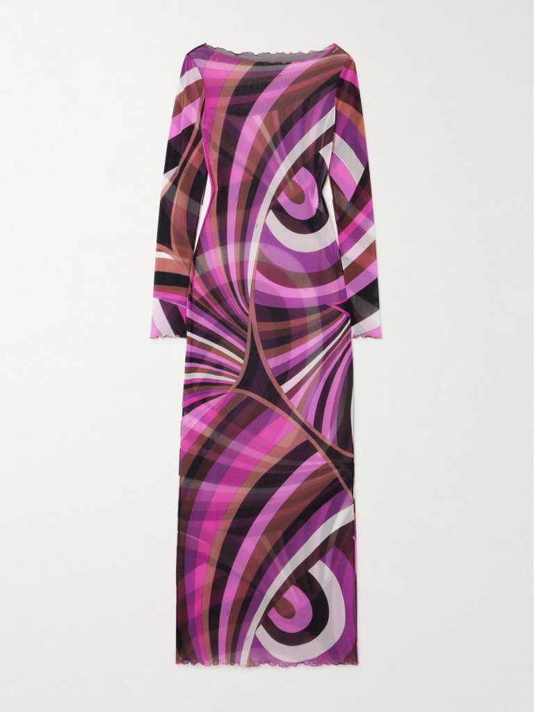 Printed Mesh Sheer Maxi Dress