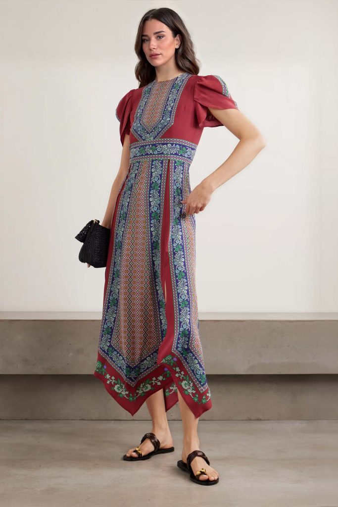 Printed Asymmetric Neck Midi Dress