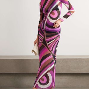 Printed Mesh Sheer Maxi Dress