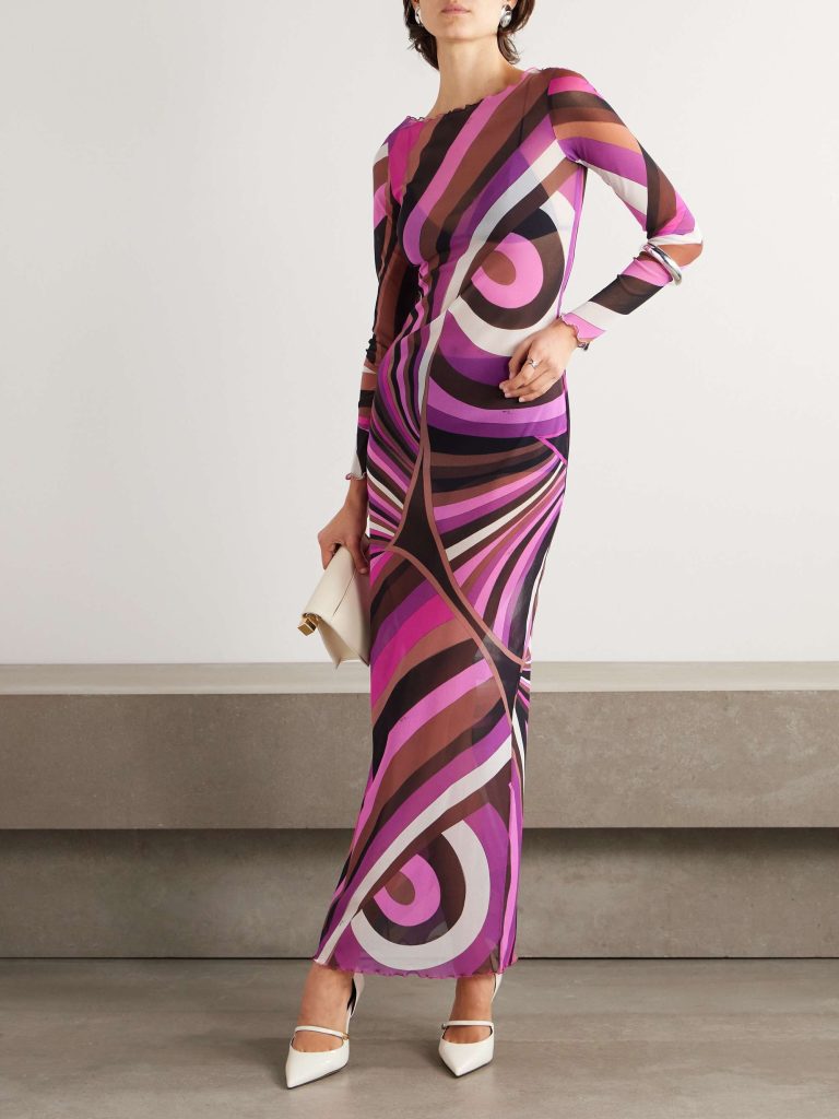 Printed Mesh Sheer Maxi Dress
